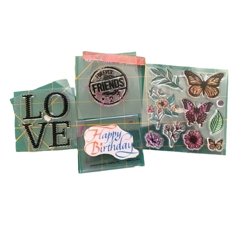 Clear Cling Stamps Set Flowers Butterflies Sentiments Love & Happy Birthday Desi
